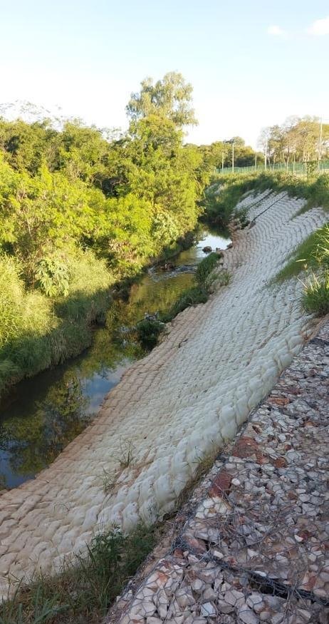 Colchón de concreto revegetado revistiendo el arroyo, con enrocado al pie